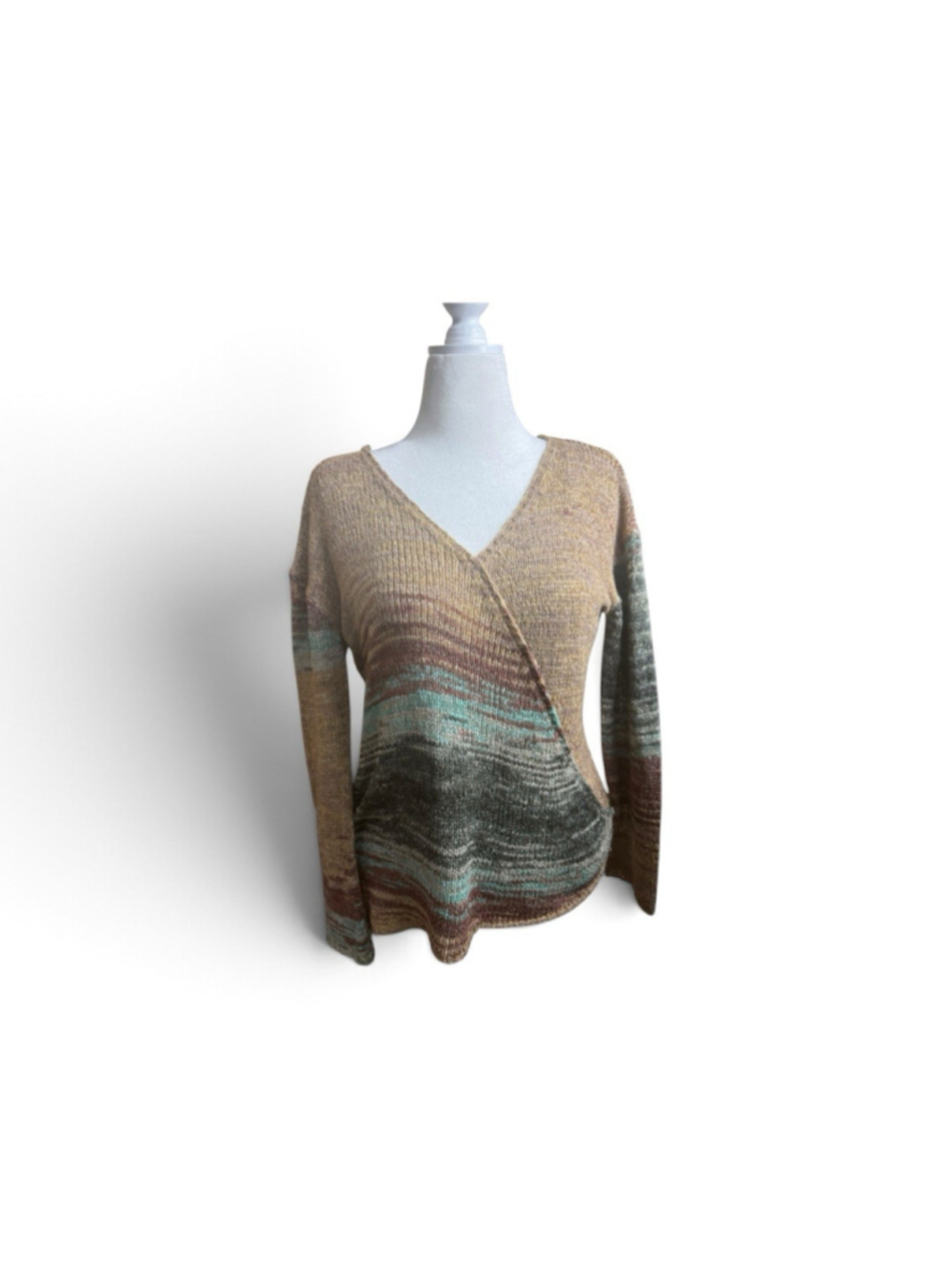 prAna V Neck Asymmetrical Open Knit Sweater Womens M Boho Earth tones size small